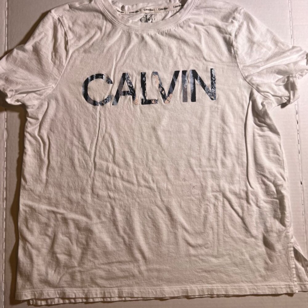 Calvin Klein Women Medium White Logo Crew Neck Short Sleeve Casual‎ Shirt